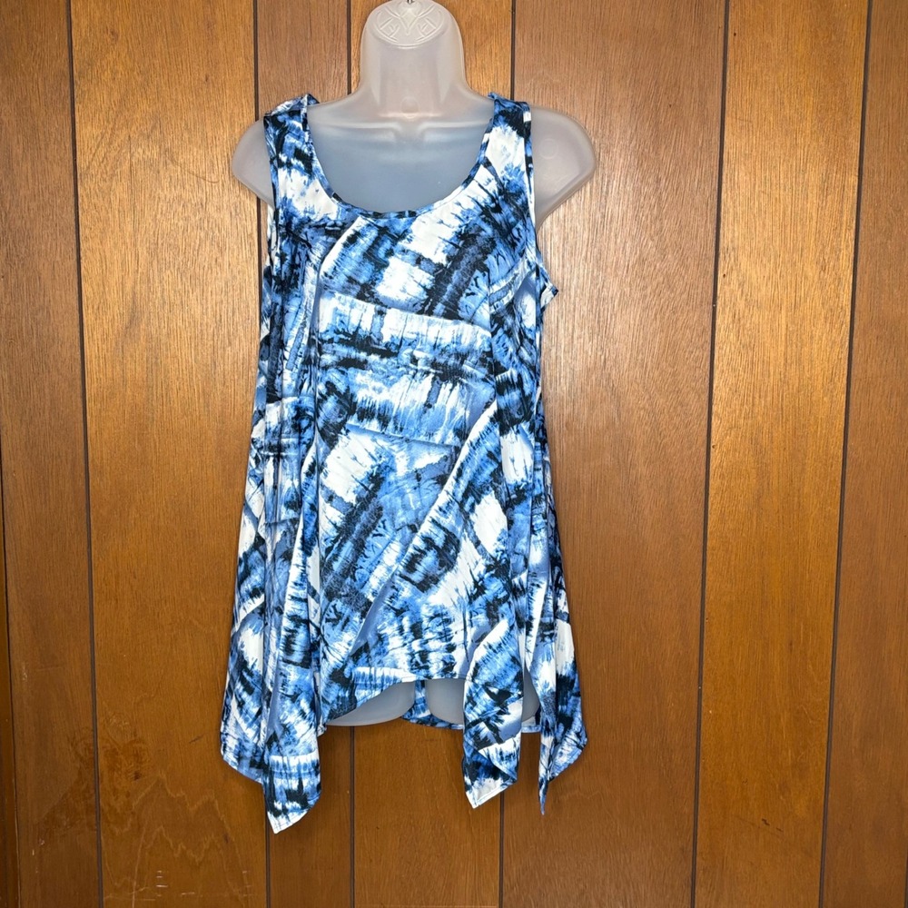 Karen Kane Tank Top XS Blue Abstract Handkerchief Hem Boho Festival Artsy USA